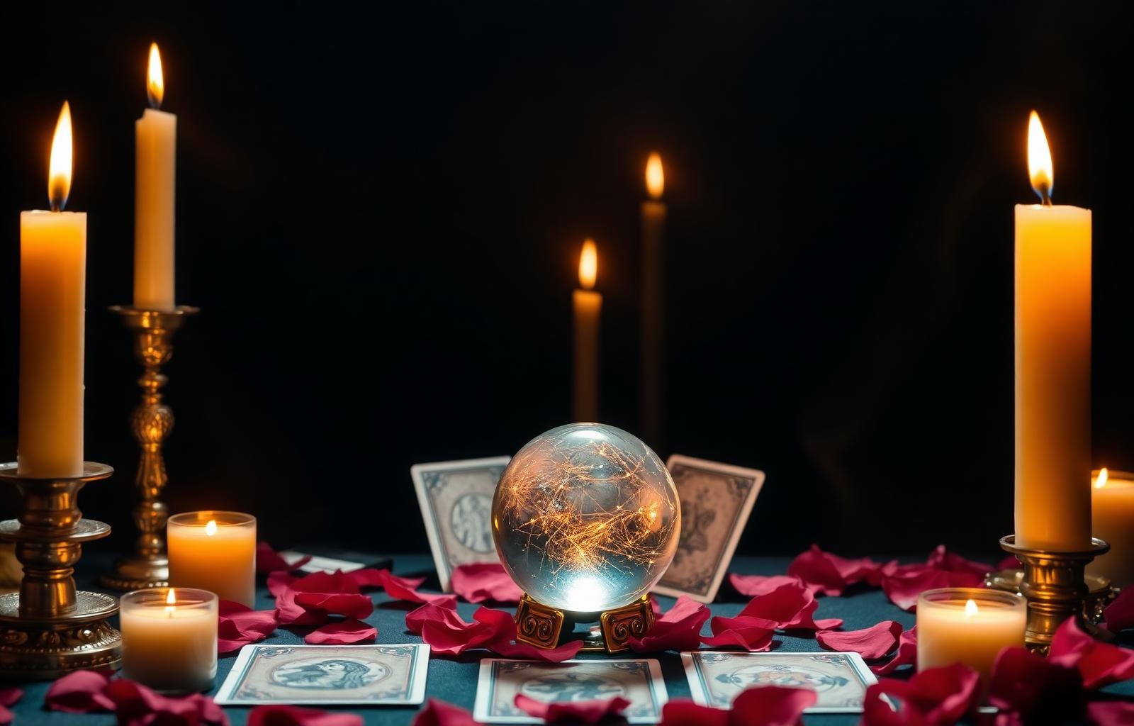 Altar espiritual de Mãe Yara com velas e cristal